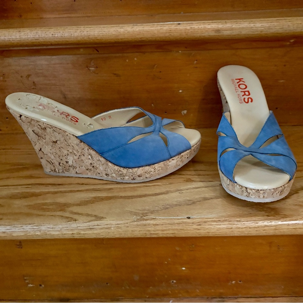 KORS Michael Kors Blue Cork Wedge Sandals Slides with Platform Sz 10
